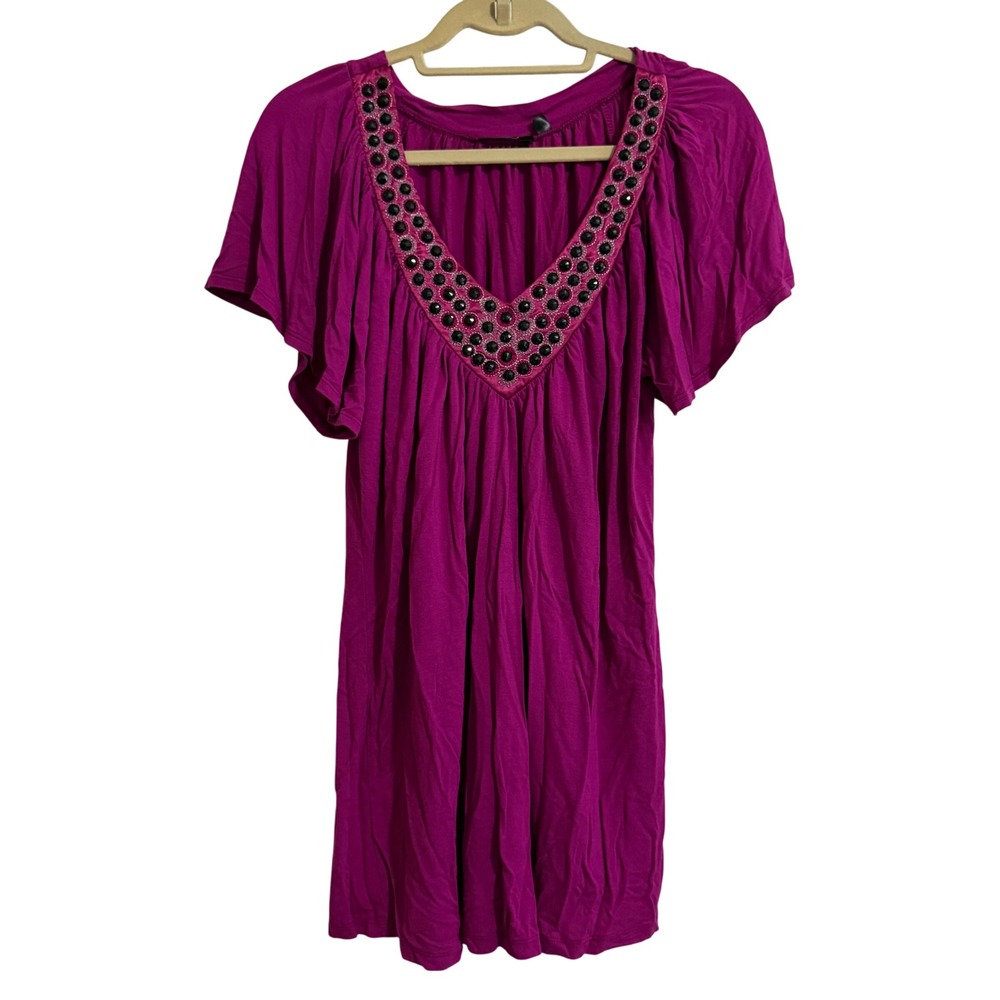 FYLO Womens Magenta Embellished V-Neck Flutter Sleeve Tunic‎ Top Size Large